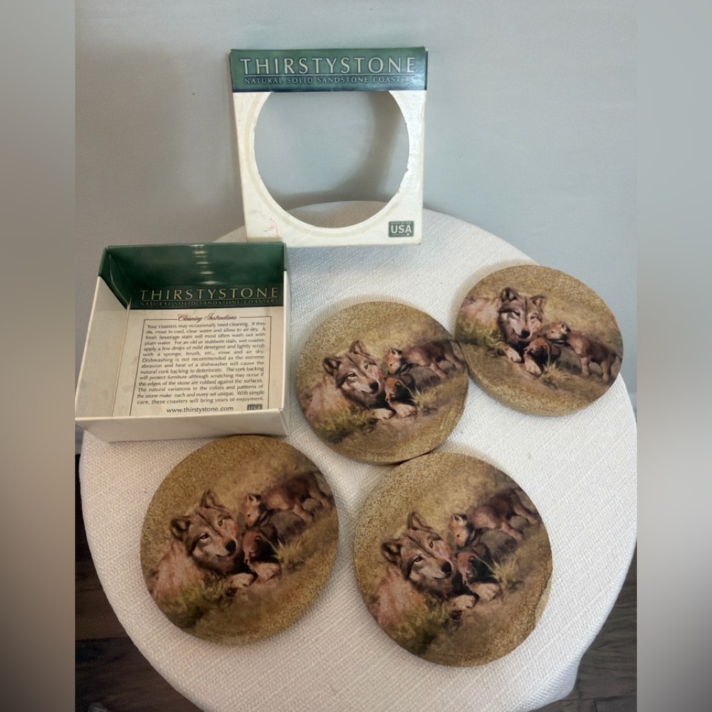 Thirstystone Natural Sandstone Coasters Set of 4 Wolves – Made in USA(F89)✨✨